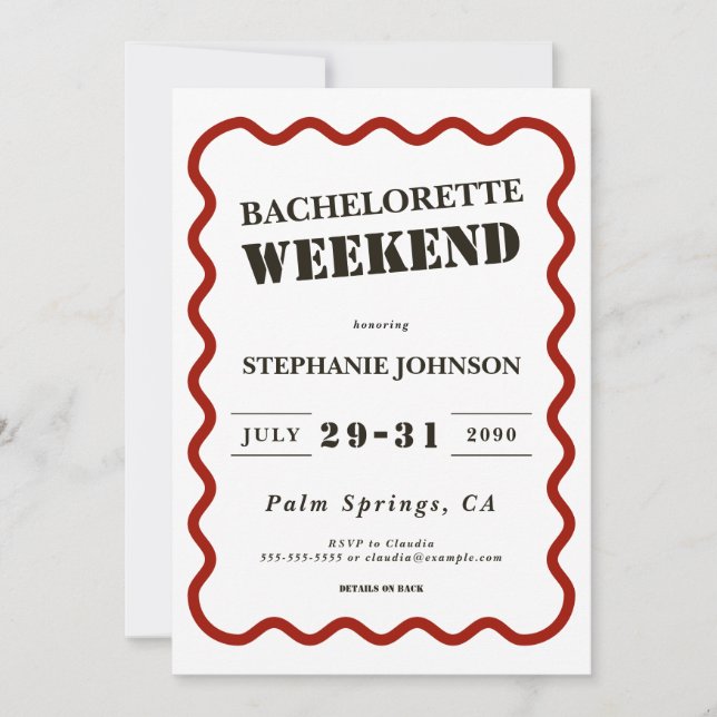 Retro Dark Red Wavy Border Bachelorette Weekend Invitation (Front)