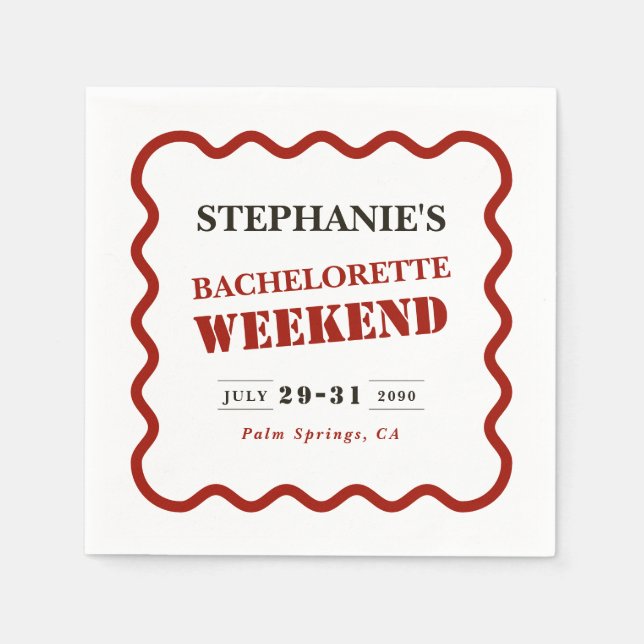 Retro Dark Red Wavy Border Bachelorette Weekend Napkin (Front)