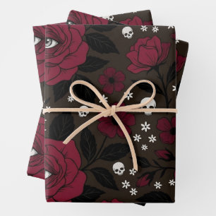 Retro Dark Roses Skulls Eyes Gothic Floral Wrappin Wrapping Paper Sheet