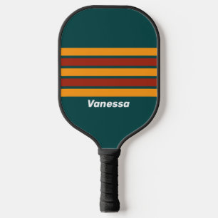 Retro Dark Teal Splash Across Striping with Name Pickleball Paddle