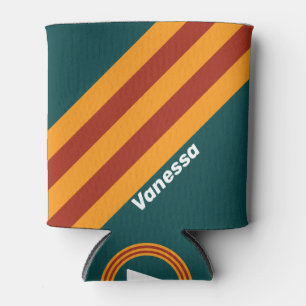 Retro Dark Teal Splash Stripes with Name Can Cooler