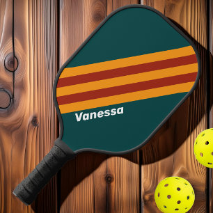 Retro Dark Teal Splash Stripes with Name Pickleball Paddle