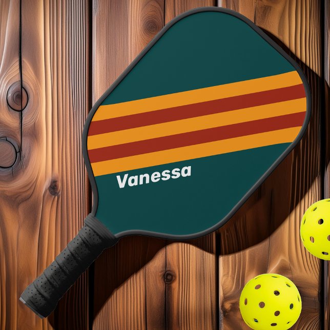 Retro Dark Teal Splash Stripes with Name Pickleball Paddle (Creator Uploaded)