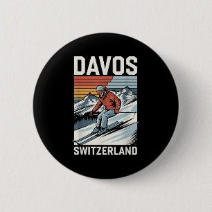 Retro Davos Switzerland Ski Resort, Alpine Skiing 6 Cm Round Badge