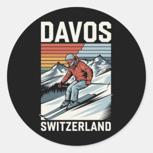 Retro Davos Switzerland Ski Resort  Classic Round Sticker