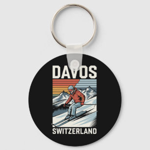Retro Davos Switzerland Ski Resort Key Ring