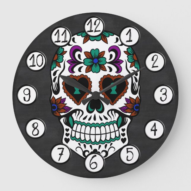 Retro Day of the Dead Sugar Skull Large Clock (Front)