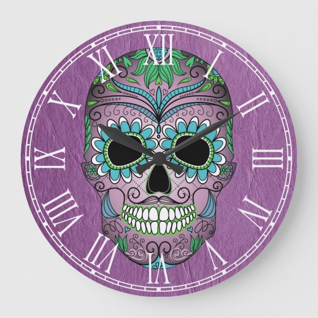 Retro Day of the Dead Sugar Skull on Leather Large Clock (Front)