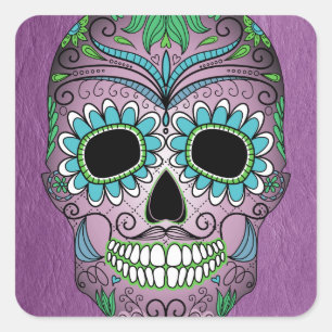 Retro Day of the Dead Sugar Skull on Leather Square Sticker