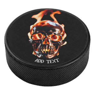 Retro Dead Burning skeleton Skull in Fire DIY Name Hockey Puck