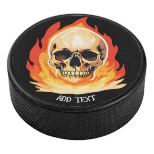Retro Dead Burning skeleton Skull in Fire DIY Name Hockey Puck