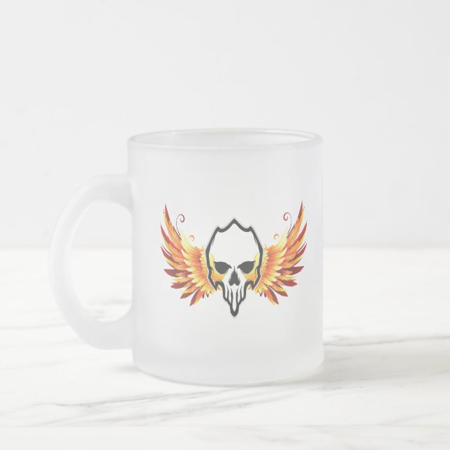  Retro Dead Burning skeleton Skull in wing Fire  Frosted Glass Coffee Mug (Left)