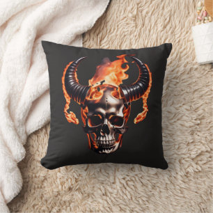 Retro Dead Burning Skull with horn in Fire Cushion