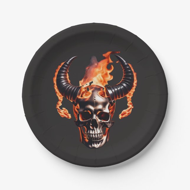  Retro Dead Burning Skull with horn in Fire  Paper Plate (Front)