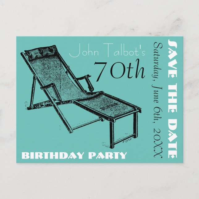 Retro Deckchair 70th birthday Party Save the Date Announcement Postcard (Front)