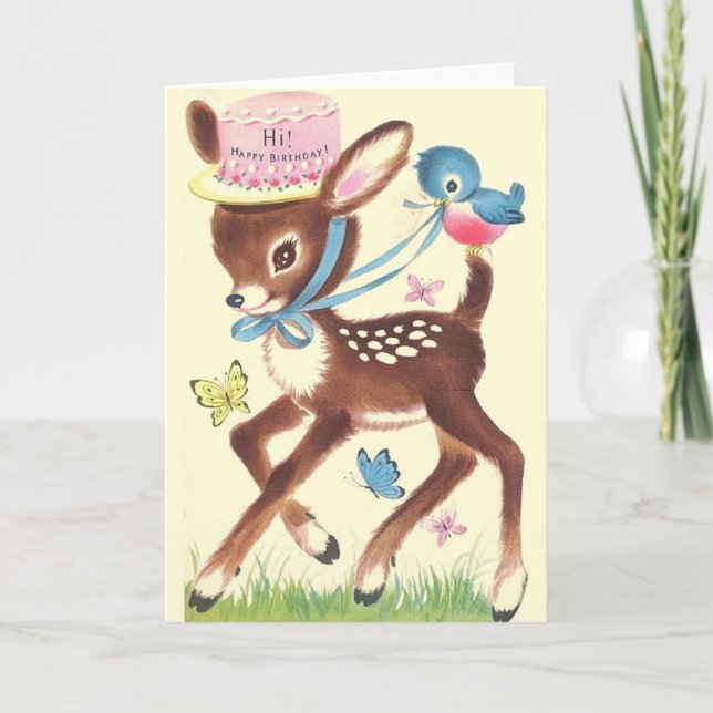 Retro Deer And Blue Bird Birthday Greeting Card (Front)