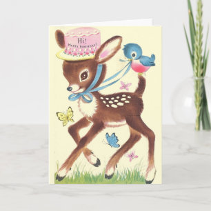 Retro Deer And Blue Bird Birthday Greeting Card