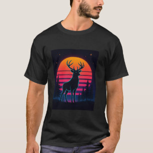 Retro Deer Silhouette Moon Forest Wildlife Reindee T-Shirt