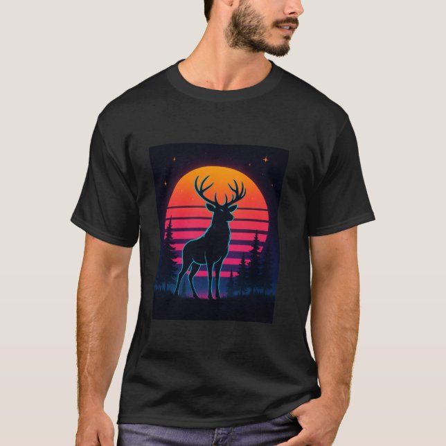 Retro Deer Silhouette Moon Forest Wildlife Reindee T-Shirt (Front)