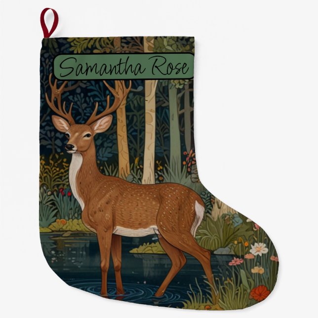 Retro deer woodland forest large christmas stocking (Front)