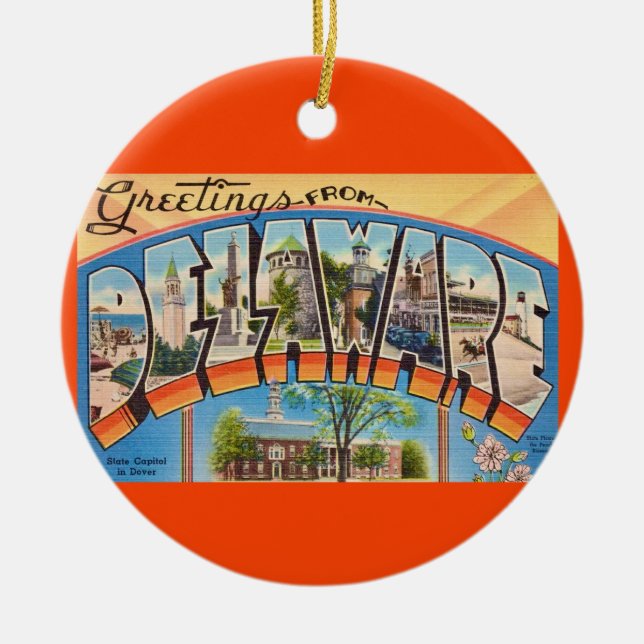 Retro Delaware Greetings   Ceramic Tree Decoration (Front)