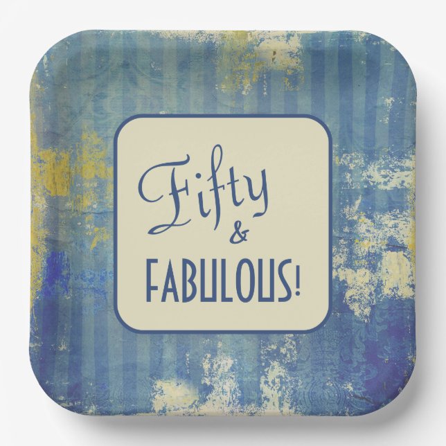 Retro Denim Blue Fifty & FABULOUS! 50th Birthday Paper Plate (Front)