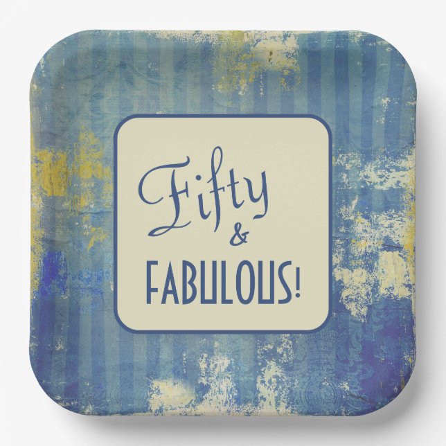 Retro Denim Blue Fifty & FABULOUS! 50th Birthday Paper Plate (Front)