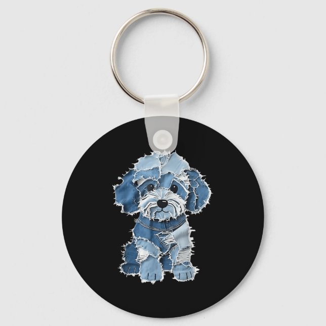Retro Denim Dog Patch, Funny Shabby Blue Jean Pupp Key Ring (Front)