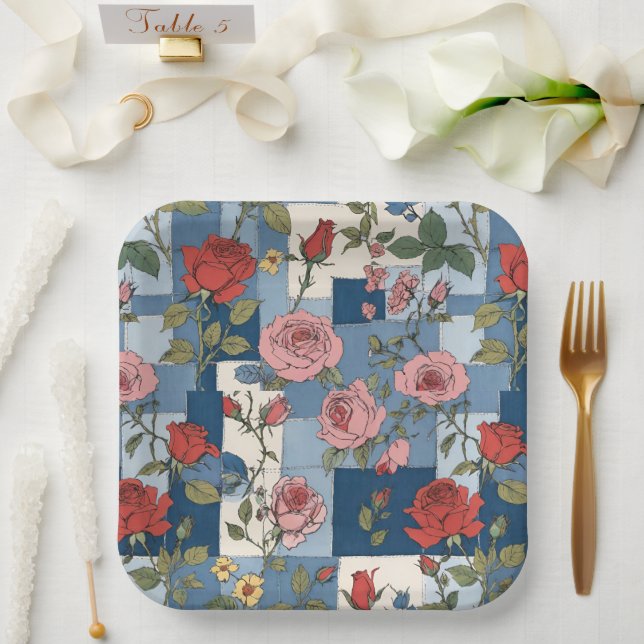 Retro Denim Patches with Red Roses Paper Plate (Wedding)