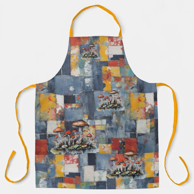 Retro Denim Patchwork with Mushrooms Apron (Front)