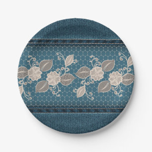 Retro Denim Texture with Lace Paper Plate