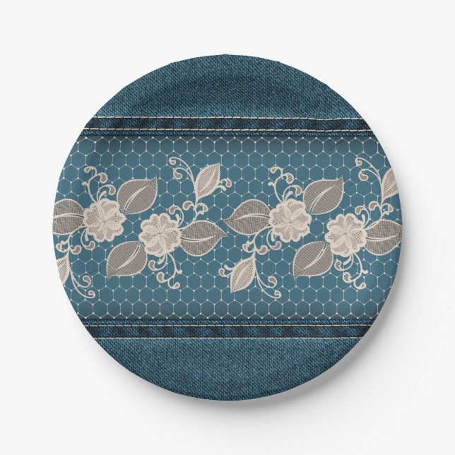 Retro Denim Texture with Lace Paper Plate (Front)