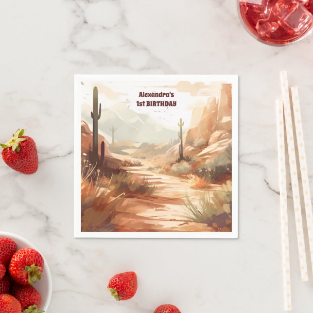 Retro Desert Cactus 1st Birthday Napkin (Insitu)