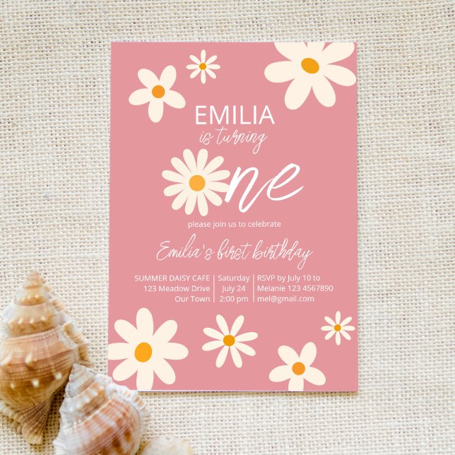 Retro desert daisy 1st birthday party dusty pink invitation (Creator Uploaded)