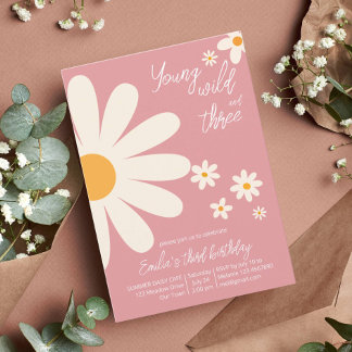 Retro desert daisy 3rd birthday party dusty pink invitation