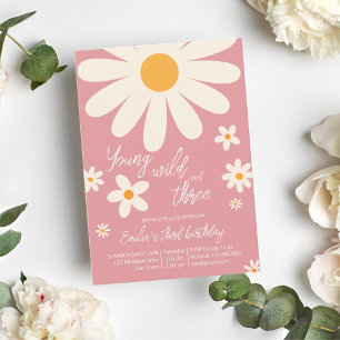 Retro desert daisy 3rd birthday party dusty pink invitation