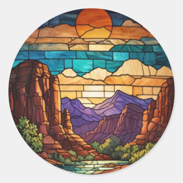 Retro desert scene Sedona mountains stainglass art Classic Round Sticker (Front)
