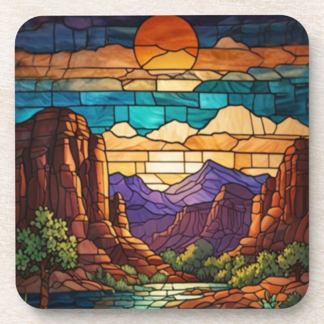 Retro desert scene Sedona mountains stainglass art Coaster (Front)
