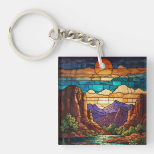Retro desert scene Sedona mountains stainglass art Key Ring