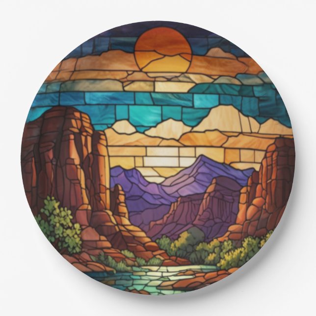 Retro desert scene Sedona mountains stainglass art Paper Plate (Front)