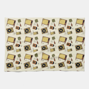 Retro designs of T.V.’s, records Tea Towel