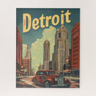Retro Detroit Michigan Travel Poster Jigsaw Puzzle