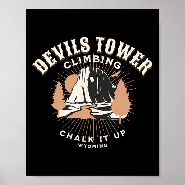 Retro Devils Tower Wyoming Mountain Rock Climbing  Poster (Front)