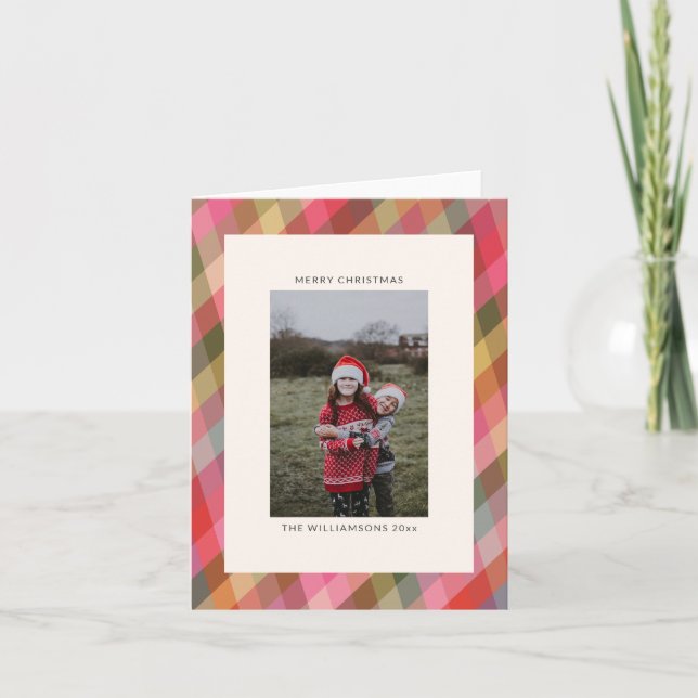 Retro Diagonal Christmas Plaid Cute Photo Blank Holiday Card (Front)