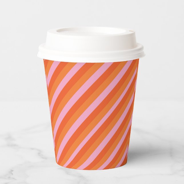 Retro Diagonal Orange and Pink Striped Paper Cups (Front)