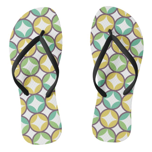 Retro Diamond in Circle Pattern Blue Green Gold Flip Flops (Footbed)
