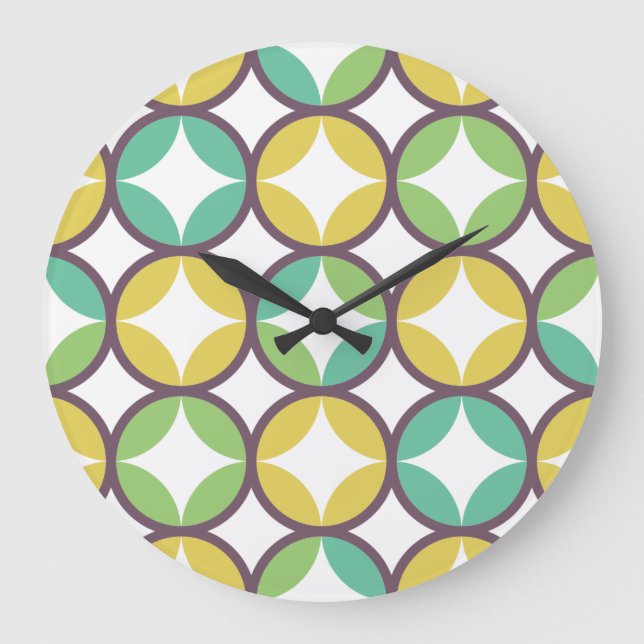Retro Diamond in Circle Pattern Blue Green Gold Large Clock (Front)