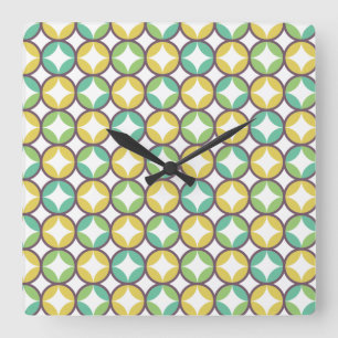 Retro Diamond in Circle Pattern Blue Green Gold Square Wall Clock