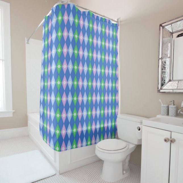 Retro Diamonds and Stars Blue & Green Shower Curtain (In Situ)