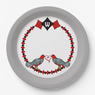 Retro Diamonds, Birds and Heart Worms_Monogrammed Paper Plate